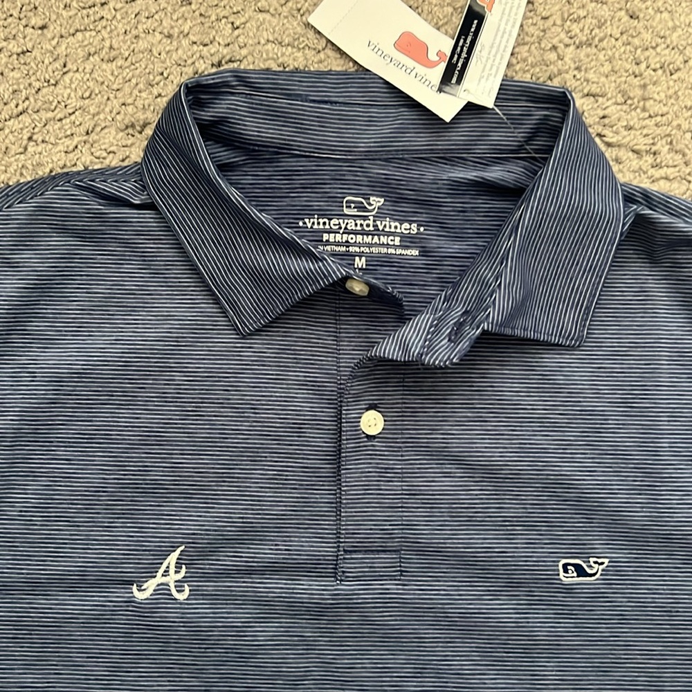 Atlanta Braves Vineyard Vines Performance Polo - Blue Gray Pinstripe Sz Med New